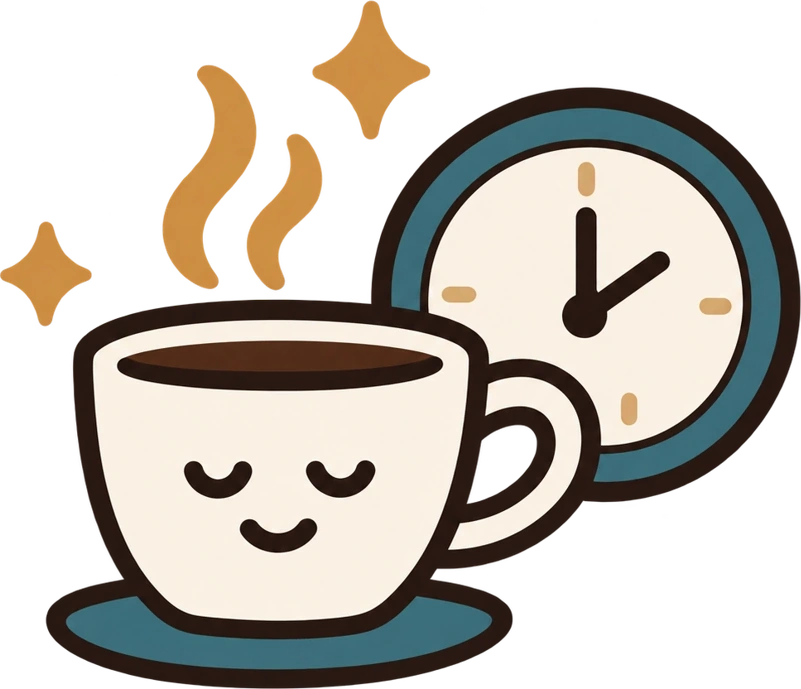 Une tasse de café et une horloge symbolisent le temps retrouvé.